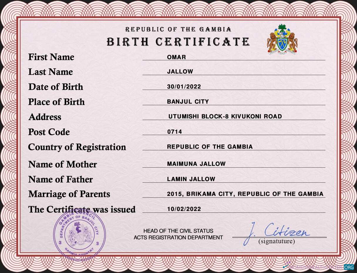 Download Gambia vital record birth certificate PSD template Photoshop template